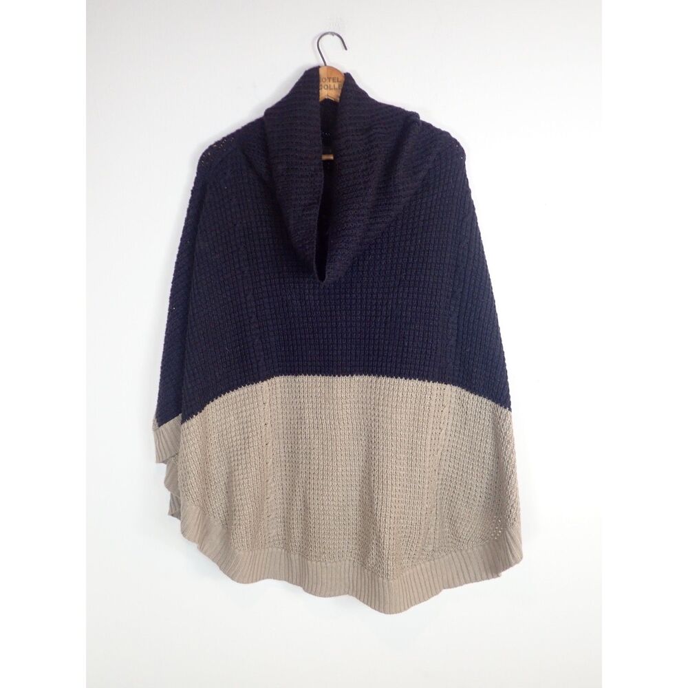 THML Poncho Large Sweater Color Blocking Black Brown Cowl Neck Anthropologie